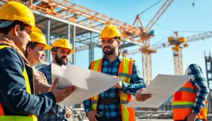 Team of professionals at a construction association collaborating on a building project.