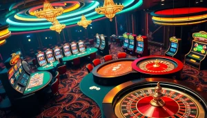 Experience the excitement of Haywin's online casino with vibrant poker tables and colorful slot machines.