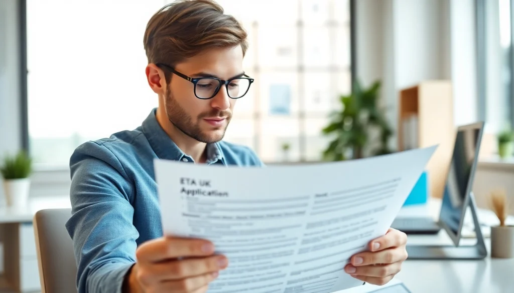Person analyzing the eta uk application form with clarity in an organized office space.