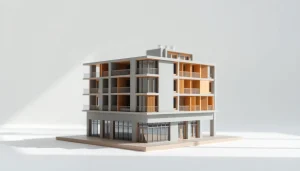 Architekturmodellbau Dortmund: Detailliertes Architekturmodell in modernem Studio.