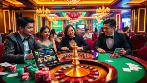 Players engaging with MM88 in a luxurious casino setting, highlighting excitement and strategy.
