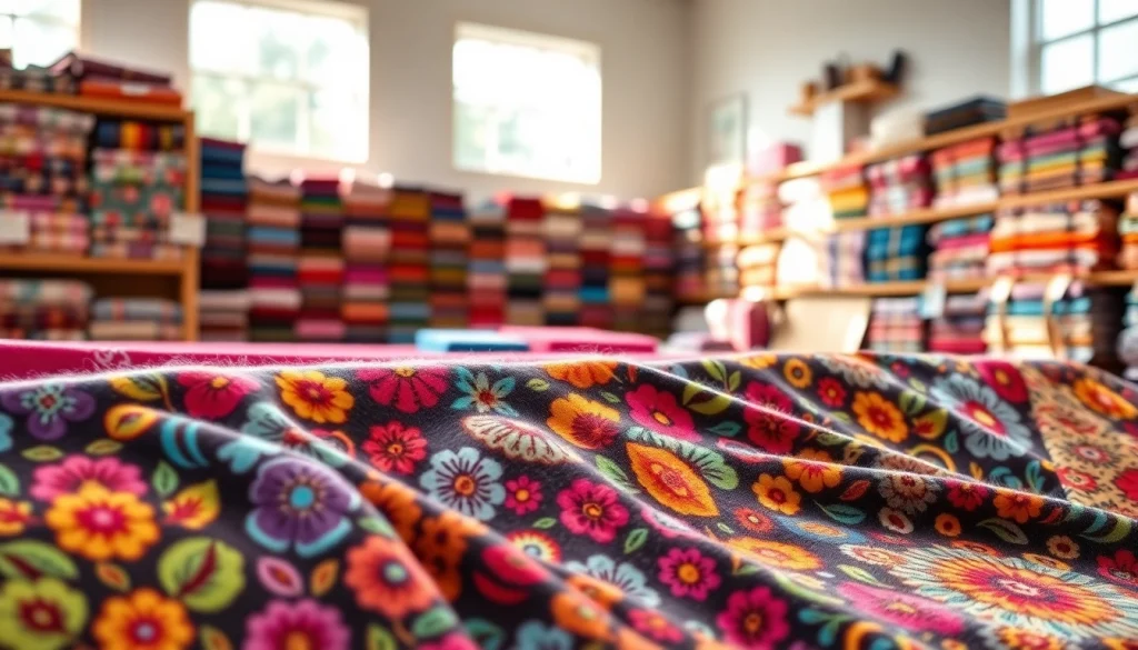 Bekijk verschillende fleece stof prints in een kleurrijke stoffenwinkel.