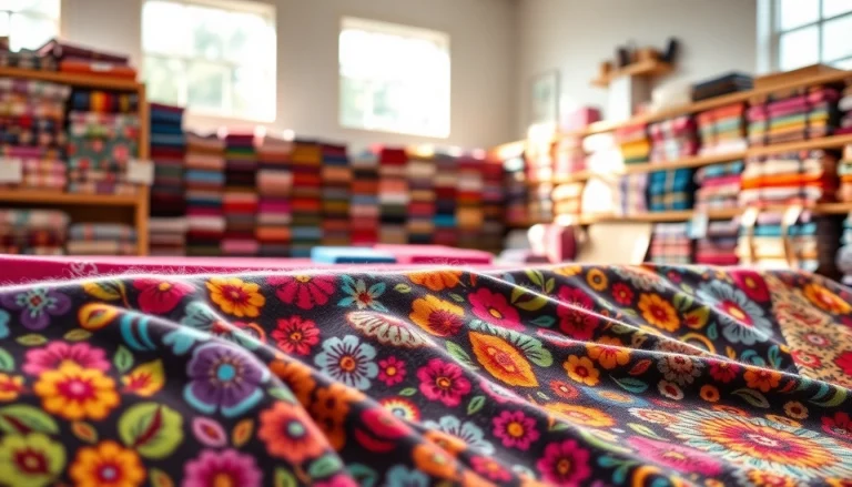 Bekijk verschillende fleece stof prints in een kleurrijke stoffenwinkel.