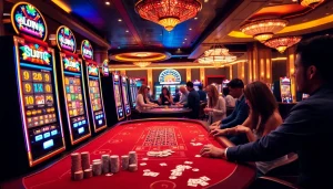 Experience the thrill of slot deposit pulsa at vibrant casino machines with excited players.