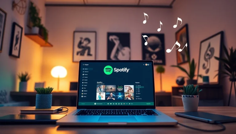 Vibrant workspace with Spotify mod on laptop, music notes, and ambient lighting.