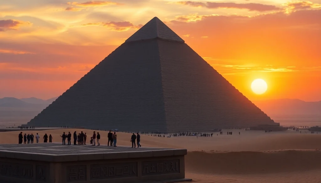 Tourists observing the majestic piraminds of Giza against a stunning sunset backdrop.