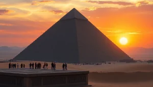 Tourists observing the majestic piraminds of Giza against a stunning sunset backdrop.