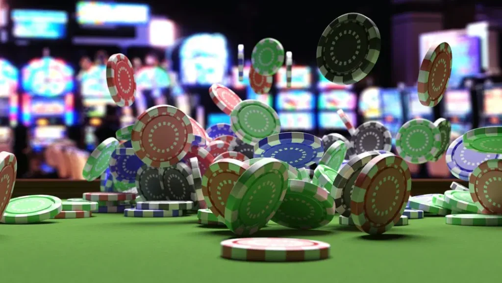 Poker-chips-flying-around-on-a-casino-table-with-slot-machines-in-the-background