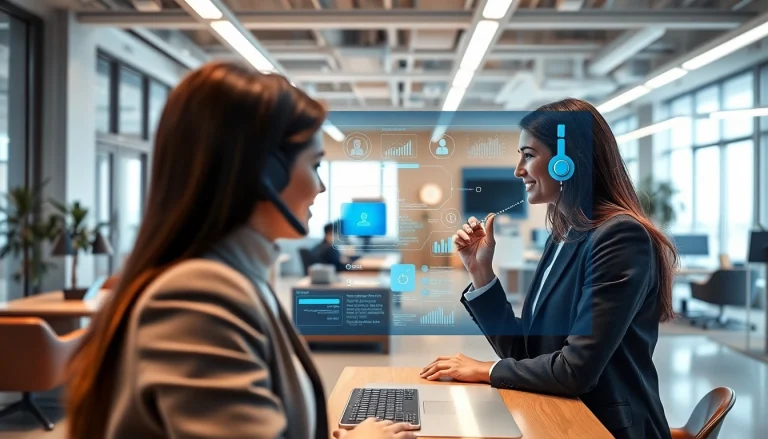 AI Receptionist engaging with a client, showcasing modern office atmosphere and technology.