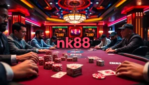 Experience the thrill of nk88 at a luxurious poker table with vibrant lighting and engaging players.