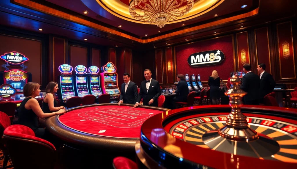 Players winning big at MM88 casino, surrounded by classic gaming tables and vibrant slot machines.