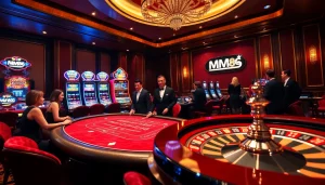 Players winning big at MM88 casino, surrounded by classic gaming tables and vibrant slot machines.