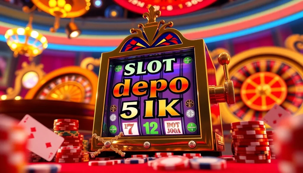Experience thrilling gameplay with slot depo 5k on an elegant casino floor featuring vibrant machines.