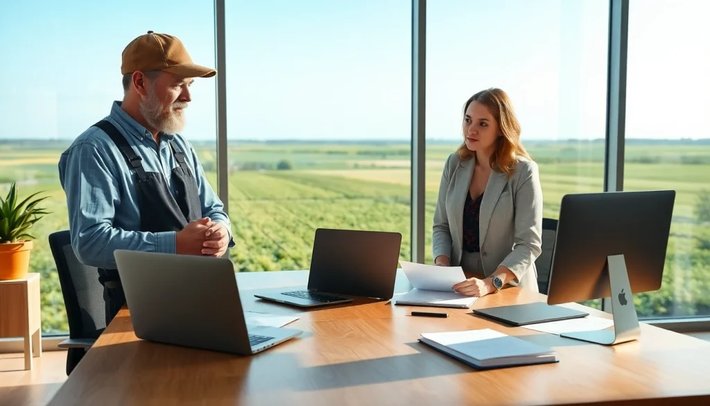 Engaging discussion on agriculture law between a farmer and a legal advisor.