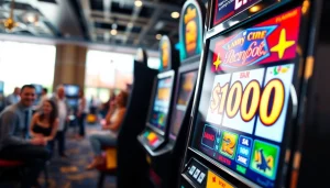 Memperlihatkan slot deposit 1000 dengan simbol jackpot $1000 dan pemain yang bersemangat.