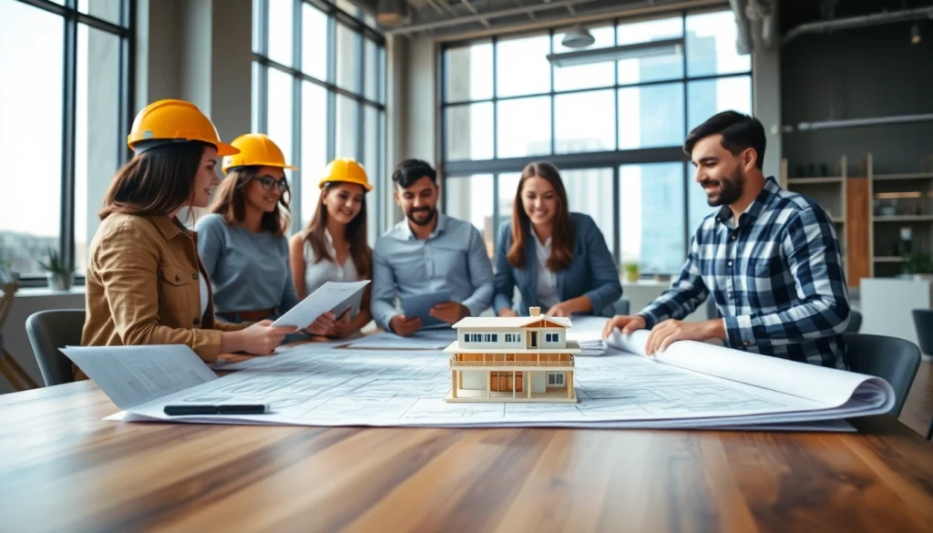 Builders discussing plans in a modern office for the Texas association of builders.