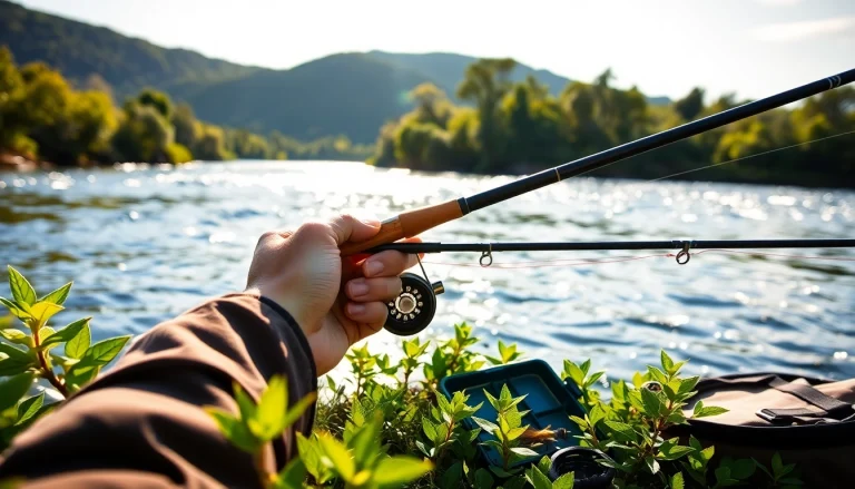 Showcasing a fly fishing combo in action beside a flowing river, highlighting the angler's technique.