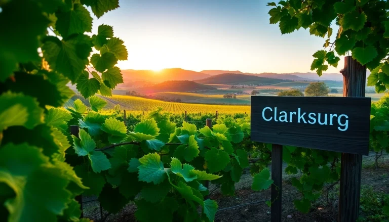Experience the scenic beauty of Clarksburg, CA with lush vineyards and rolling hills at sunset.