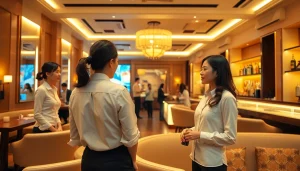 A chic and inviting Suwon 셔츠룸 showcasing stylish female managers and an elegant atmosphere.