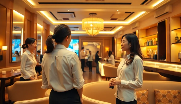 A chic and inviting Suwon 셔츠룸 showcasing stylish female managers and an elegant atmosphere.