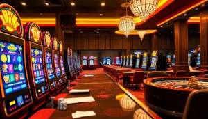 Experience the thrill of idnslot with colorful slot machines and excited gamblers.