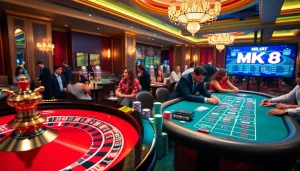 Exciting gambling action at MK8 casino with roulette and poker chips in a luxurious setting.