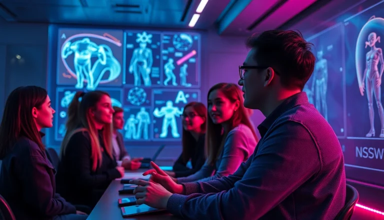 AI NSFW image generator in a high-tech workspace with interactive displays.