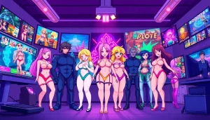 Interactive characters from popular html porn games in a creative studio setting.