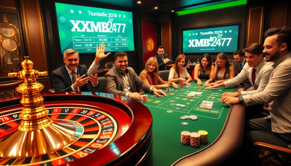 XSMB247 casino scene with roulette wheel and poker players in vibrant atmosphere