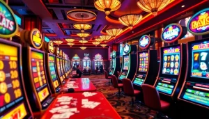 Pengalaman deposit slot 1K yang menarik di kasino yang hidup dengan para pemain merayakan jackpot.