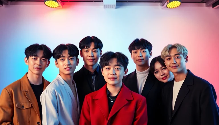 BTS members posing together in vibrant colors, showcasing their distinct personalities and energy.