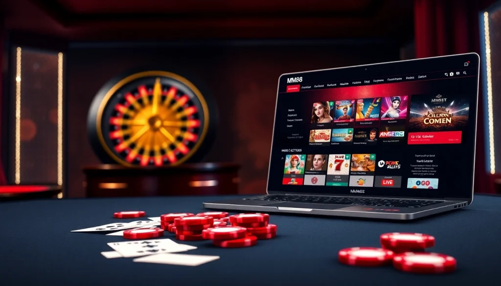 Experience thrilling gameplay at MM88 with vibrant poker chips and a sleek roulette wheel.
