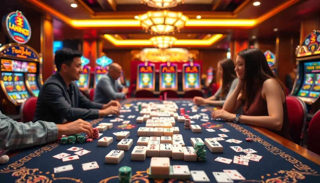 Players immersed in Mahjong Ways 2 at a vibrant casino table, showcasing excitement and engagement in the game.