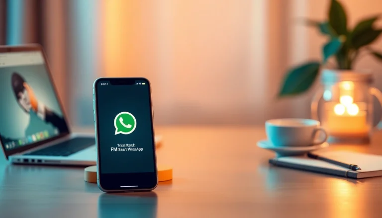 FM WhatsApp download on smartphone showcasing innovative interface and tech-inspired workspace