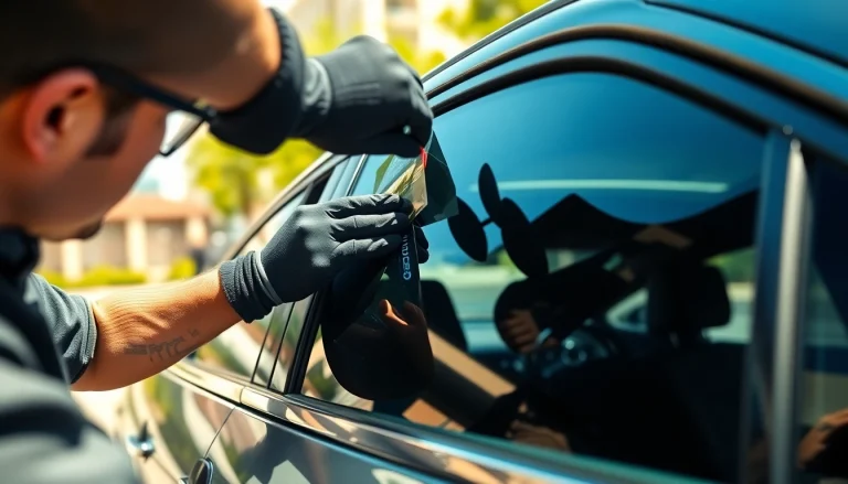 Get expert window tint near me; professional technician applying window film on a car.
