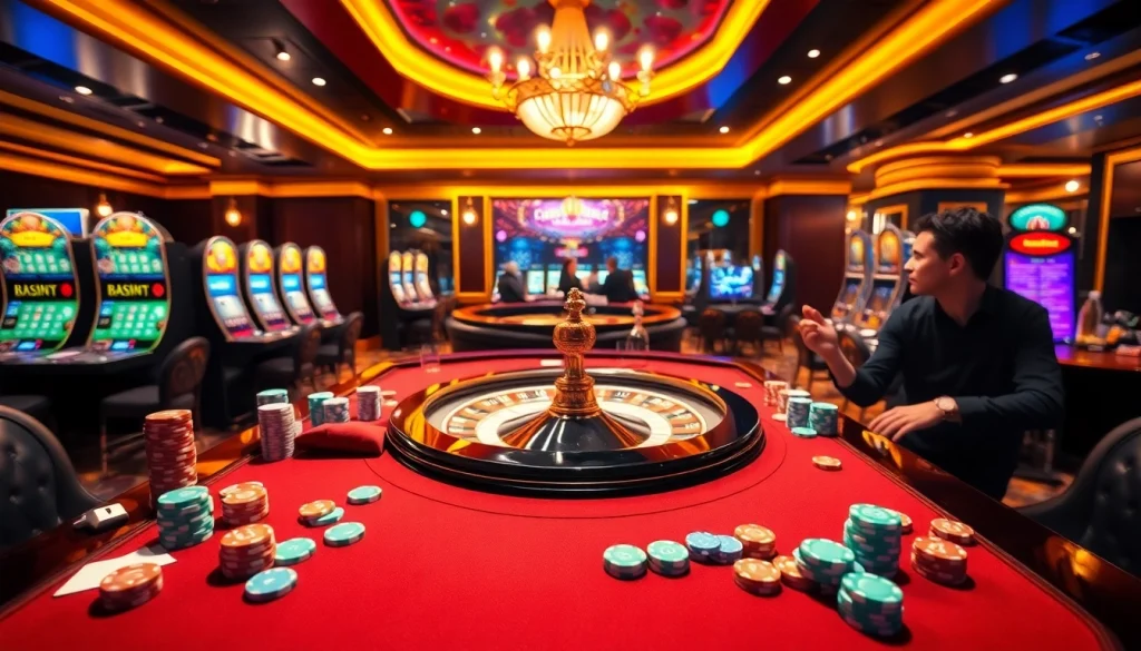 Experience the excitement of gambling at https://febet8.com with a vibrant casino scene featuring poker games and roulette.