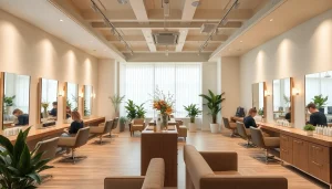 Stylish interior of addendum salon showcasing eco-friendly products and skilled hairstylists.