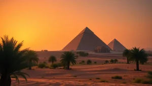 Photorealistic view of ancient piraminds against a desert sunset, highlighting Giza's grandeur.