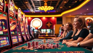 Nikmati sensasi permainan slot depo 5K dengan mesin yang penuh warna dan pemain yang antusias di kasino mewah.