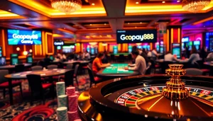 Players enjoying games in a vibrant casino scene featuring Gopay88 as a payment option.