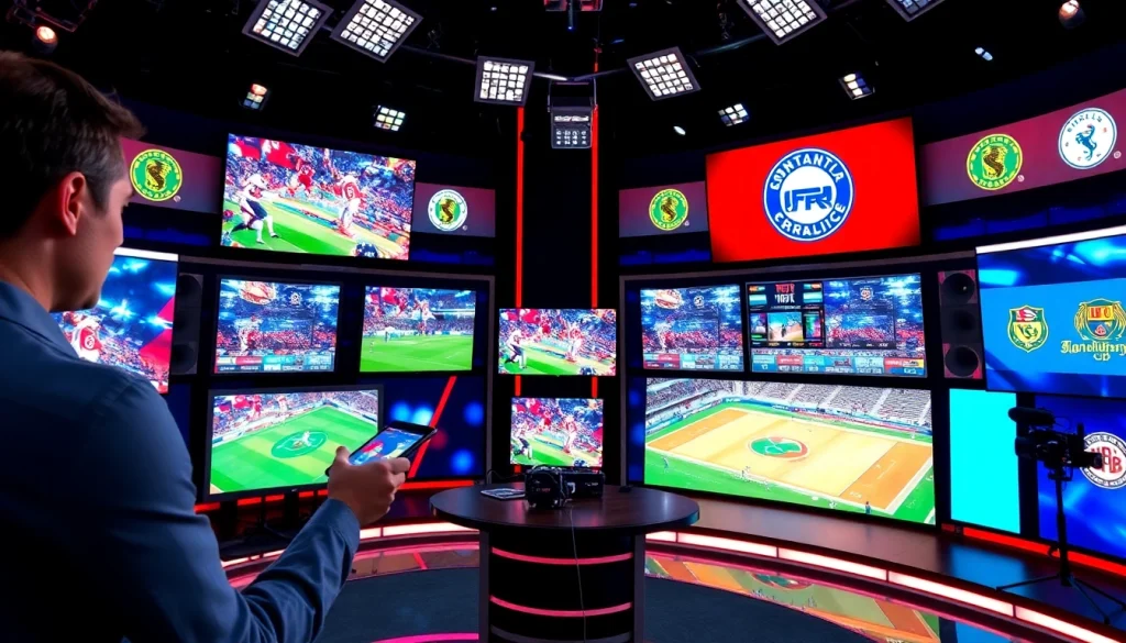 Engaging sports broadcasting studio with live screens, showcasing vibrant energy.