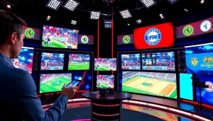 Engaging sports broadcasting studio with live screens, showcasing vibrant energy.