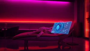 Stunning NSFW AI character interaction in a modern lounge with immersive ambiance.
