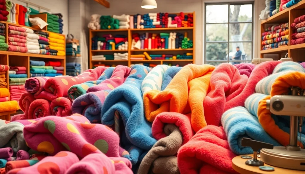 Fleece prints displayed in een trendy boetiek met kleurrijke stoffen en creatieve accessoires.