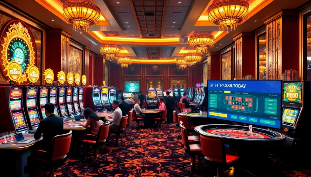 Exciting casino scene at https://xx88.today/ illustrating vibrant gambling activities and luxurious decor.