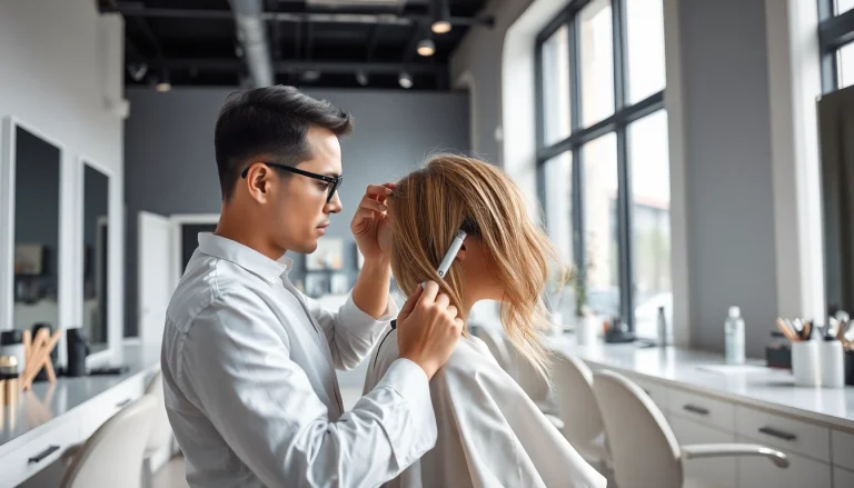 Hairstylist at salon coafura bucuresti delivering a trendy haircut in a modern setting.