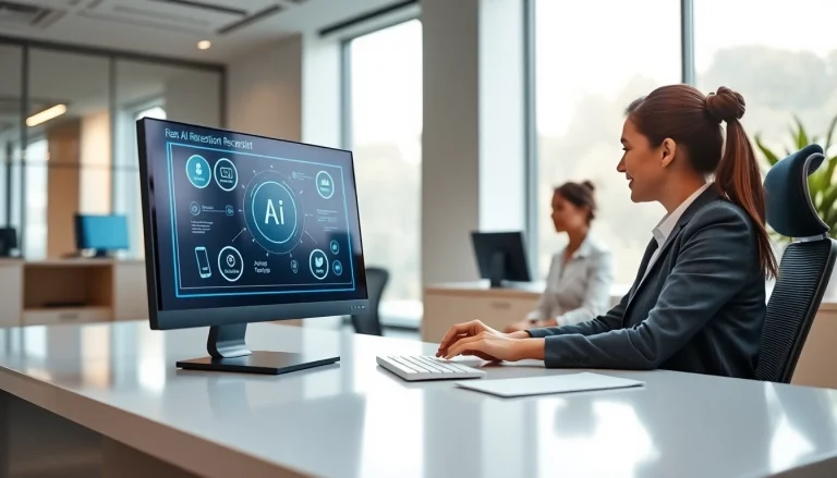 AI Receptionist engaging with clients at a modern office desk in a professional setting.