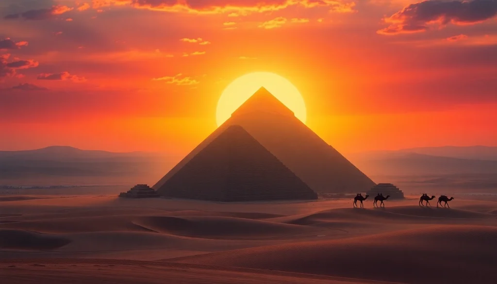 Piraminds standing majestically against a colorful sunset, showcasing ancient architectural wonder.