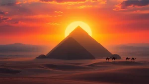 Piraminds standing majestically against a colorful sunset, showcasing ancient architectural wonder.