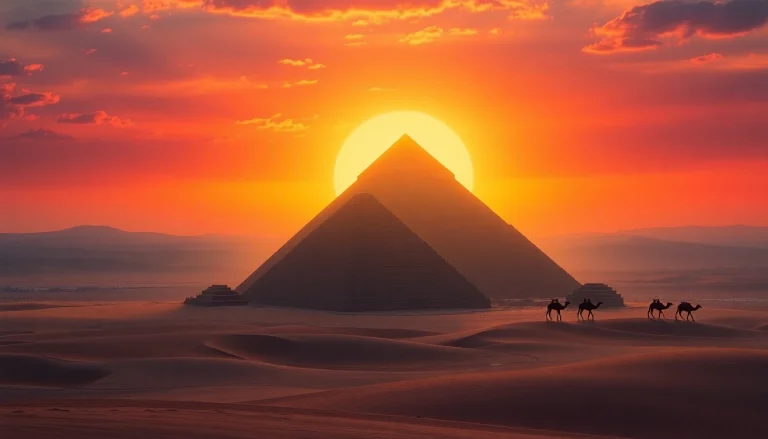 Piraminds standing majestically against a colorful sunset, showcasing ancient architectural wonder.